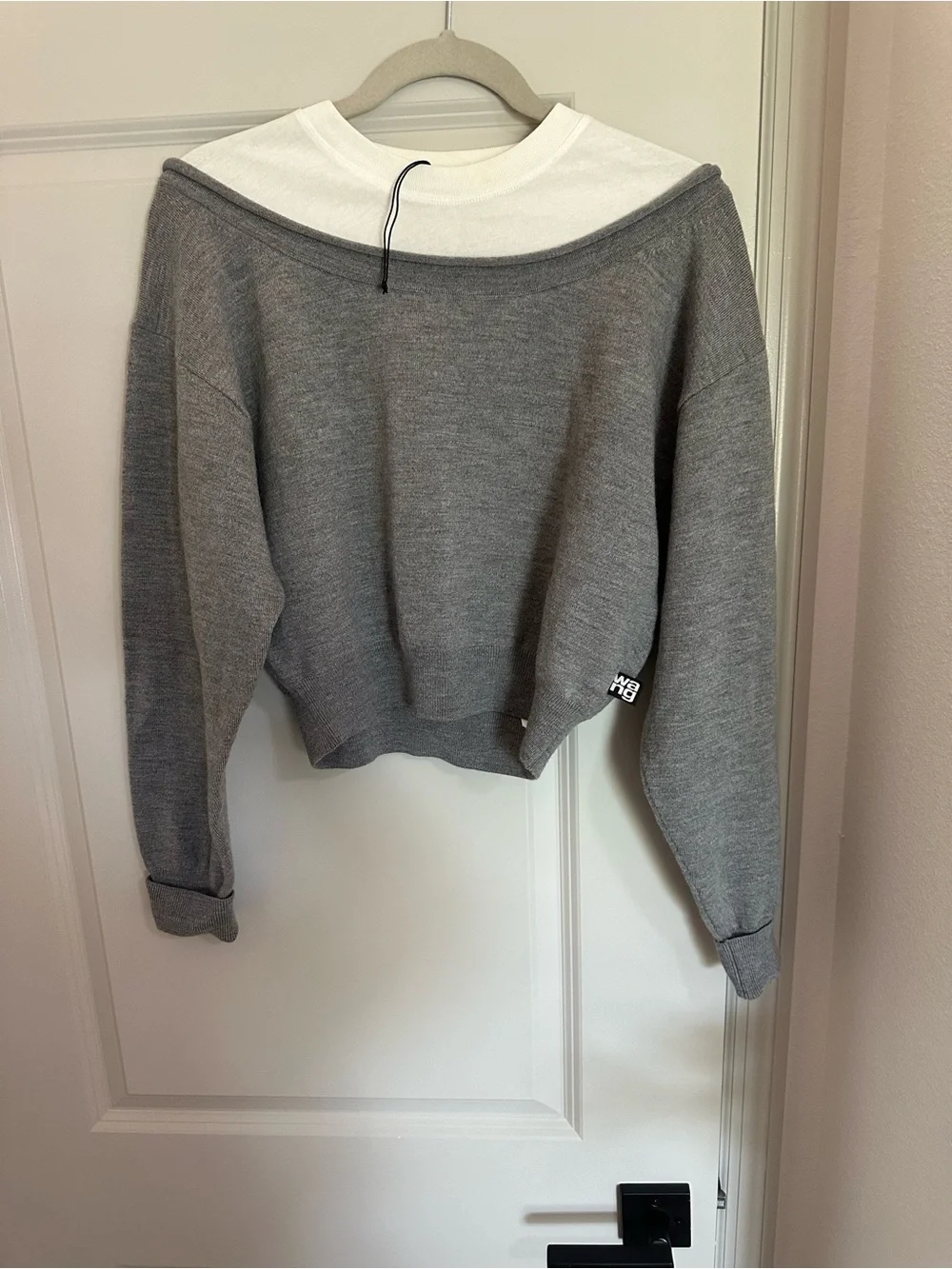 Alexander Wang Gray Off-Shoulder Crewneck Sweater with White Trim